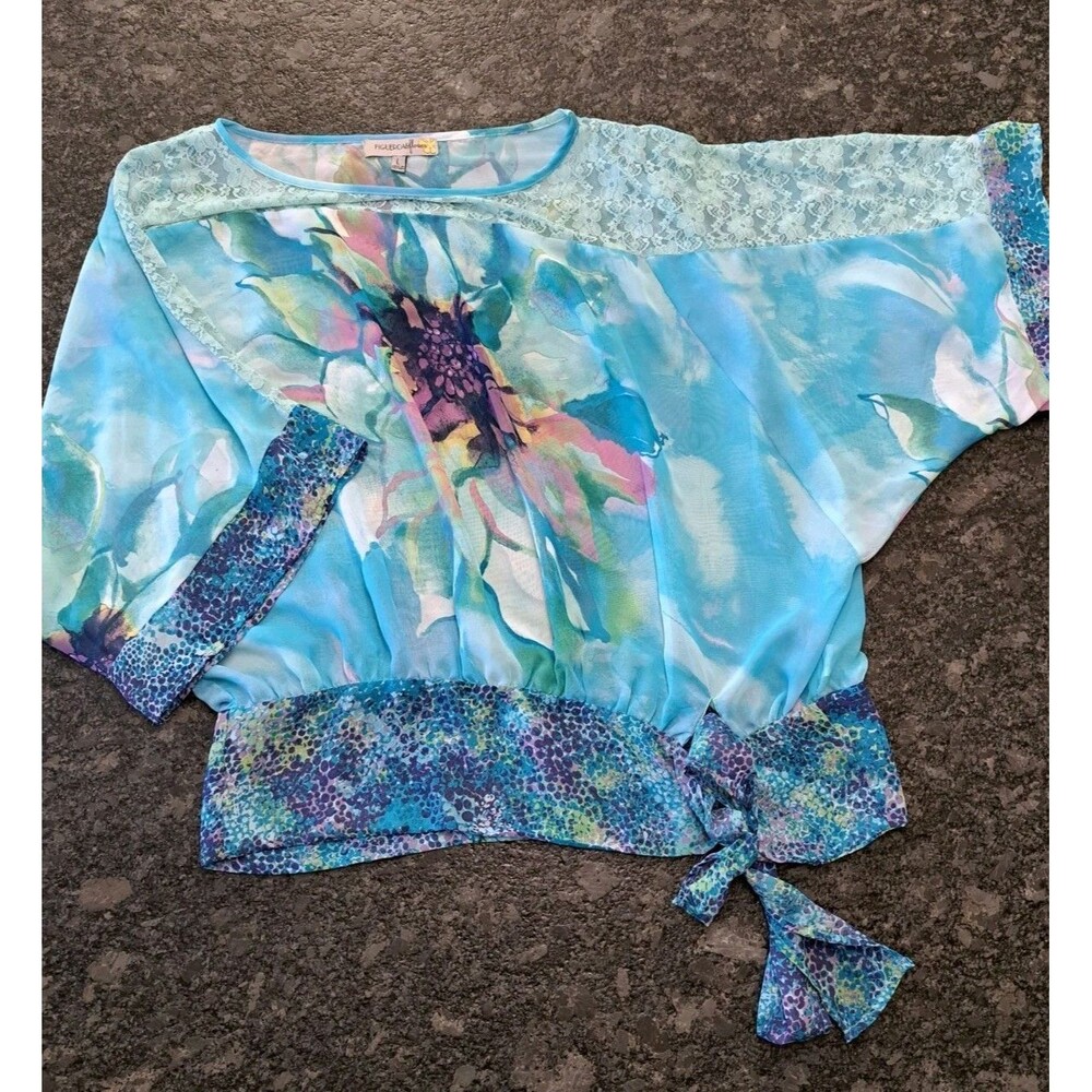 Figueroa & Flower Blue Floral Batwing Blouse Tie Waist Lace Shoulders Large